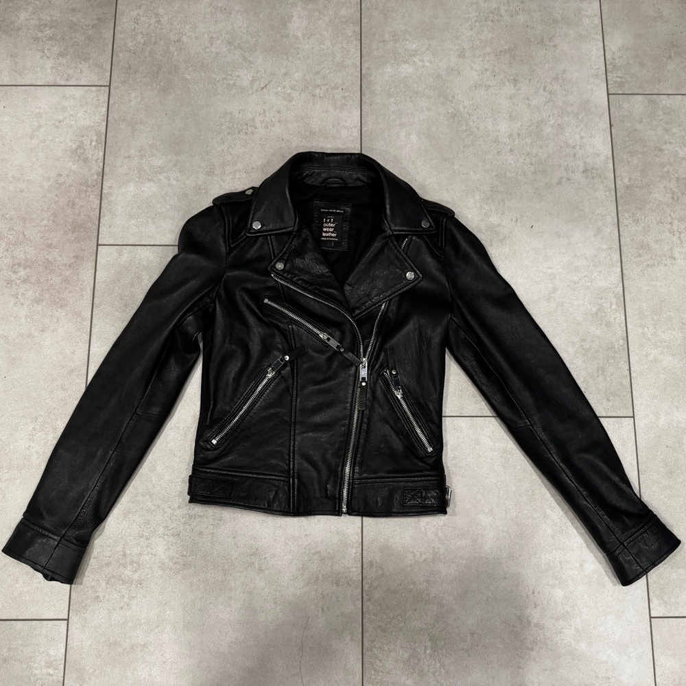 Zara TRF Women's Black Genuine Leather Moto Jacket Black XS